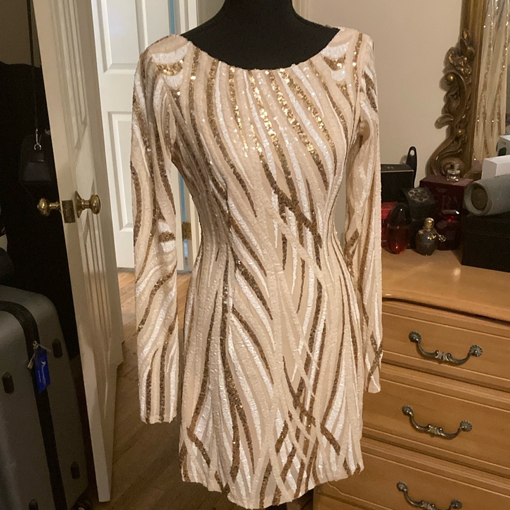 Cream and Sequin Sheath Dress with Scoop Neck